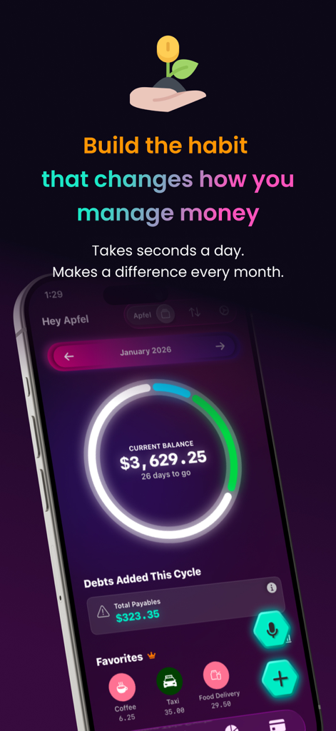 Kora Daily Expense Tracker - Kora 일일 지출 추적기 앱이 현재 잔액 진행률 링과 빠른 추가 즐겨찾기 범주를 어두운 테마 UI에 표시하고 있습니다.