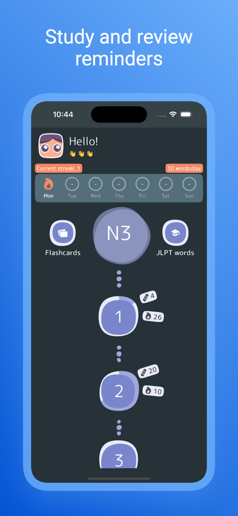 JLPT Kanji: N1 N2 N3 N4 N5 - N3 레벨 학습 진행 상황과 일일 목표를 보여주는 JLPT 한자 앱 대시보드