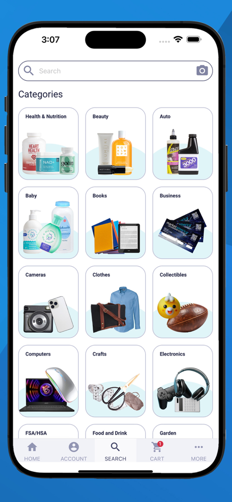 SHOP.COM mobile app search screen displaying a grid of product categories like Health and Nutrition, Beauty, Baby, and Electronics