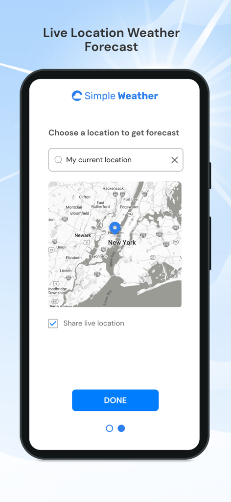 Simple Weather Info - Écran de l'application Simple Weather Info pour sélectionner un emplacement en direct sur une carte pour les prévisions météo.