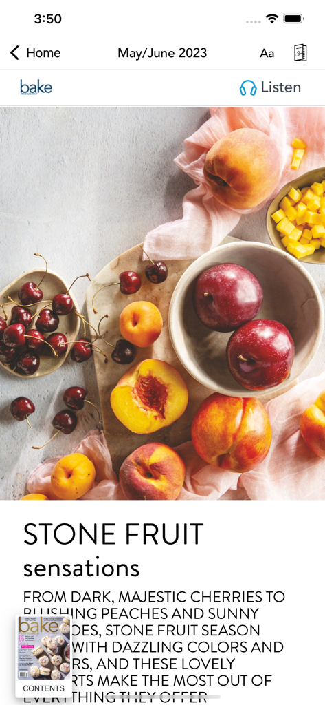 Bake from Scratch - Digital magazine article titled Stone Fruit sensations in the Bake from Scratch app featuring fresh peaches and cherries.