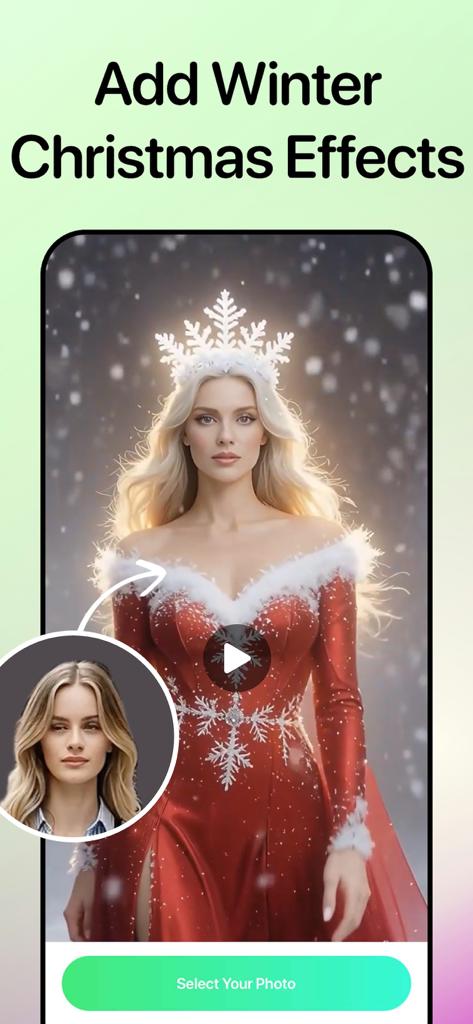 NoX Effect: AI Video Generator - AI video transformation showing a woman's face applied to a winter queen character with snowflake crown and red dress