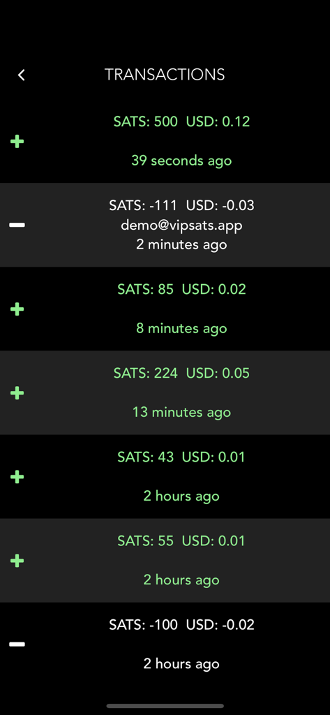 Satoshi Bitcoin Lightning - A list of recent bitcoin lightning transactions showing incoming and outgoing payments in satoshis and US dollars with timestamps
