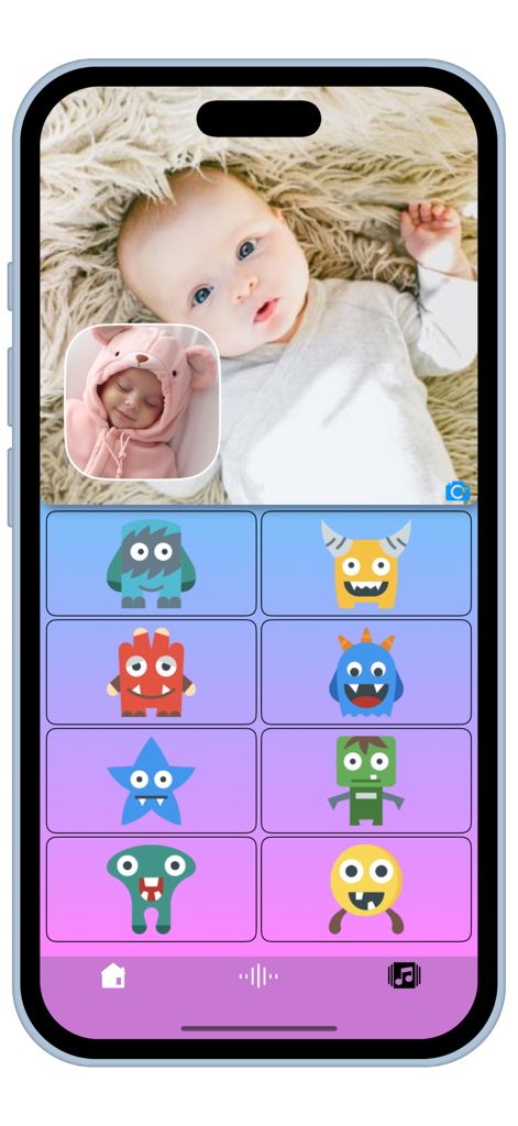 Colic: Sleep Sounds & Musics - Screenshot of the music box menu in the Colic Sleep Sounds app featuring baby photos and colorful monster buttons.
