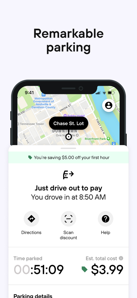 Interfaccia dell'app mobile Metropolis che mostra una sessione di parcheggio attiva con la funzionalità di uscita per pagare.