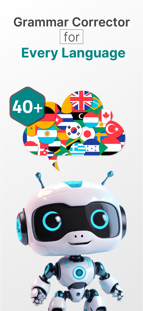 Un gentil robot IA blanc avec une bulle de dialogue contenant des drapeaux de nombreux pays et le texte Correcteur Grammatical pour Chaque Langue avec plus de 40 langues supportées