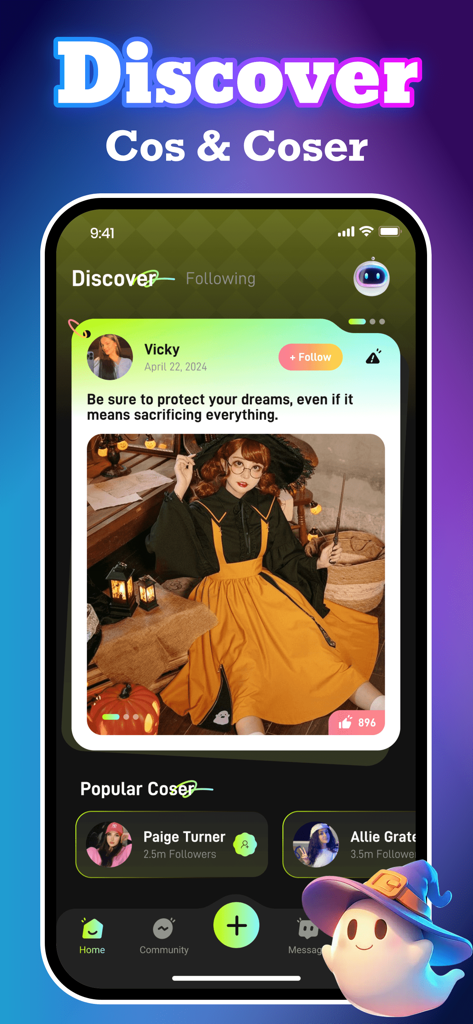 Chos：Adult，Social Chat - Captura de pantalla de la aplicación Chos mostrando el feed de descubrimiento con fotos de cosplay y creadores populares