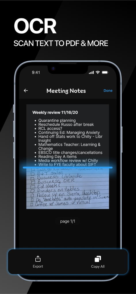 ScanNow app interface demonstrating OCR feature scanning handwritten meeting notes for digital conversion