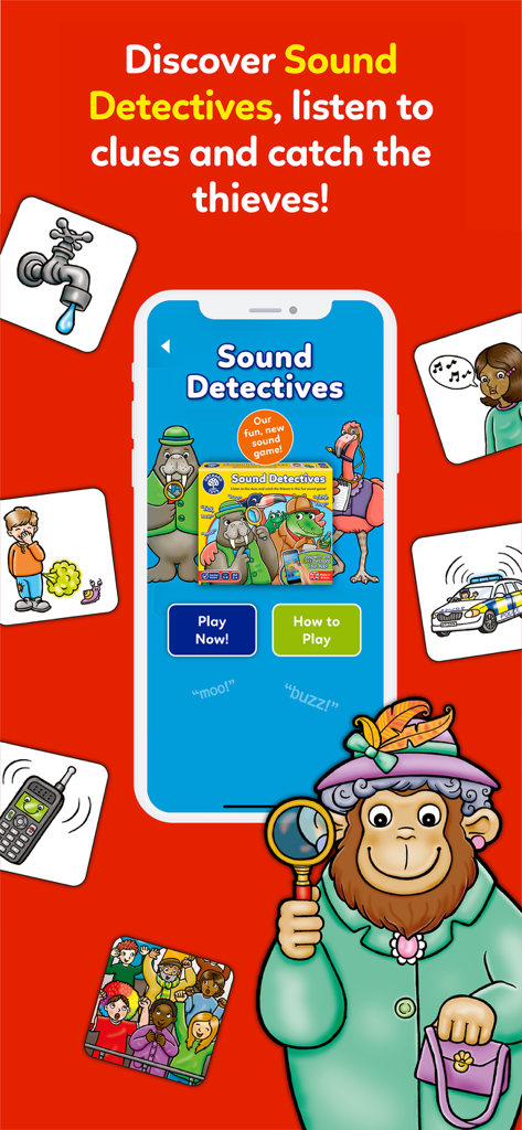 Orchard Toys - Smartphone showing the Sound Detectives game interface from the Orchard Toys app with a detective monkey and illustrated sound cards.