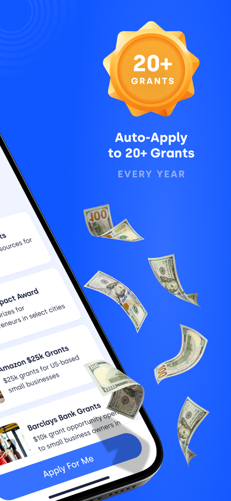 Skip app screen showing the auto-apply feature for small business grants with a list of available opportunities like Amazon and Barclays.