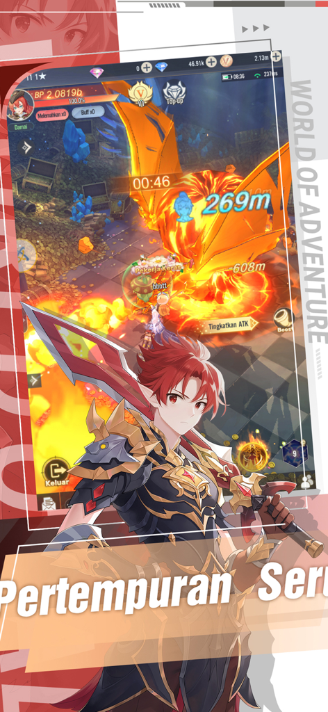 A red-haired warrior character in black and gold armor holding a sword in front of an intense fantasy battle scene.