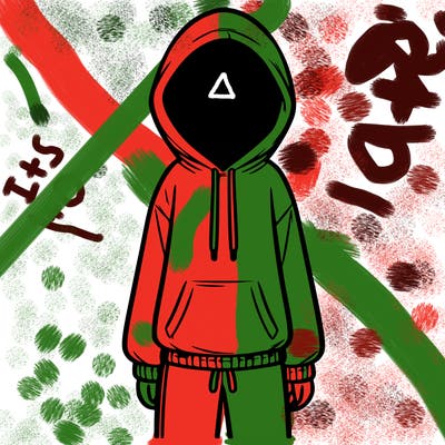 faceless girl in a tracksuit with a hood on and no hair