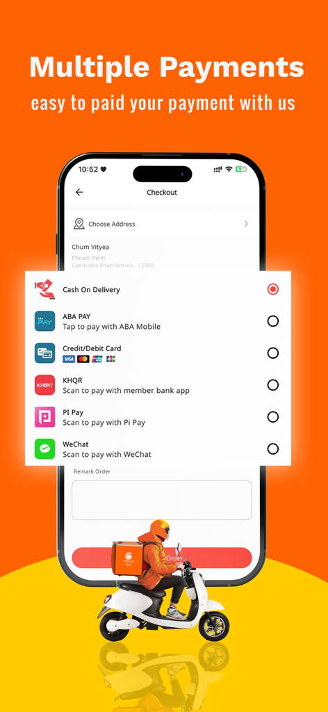 Konfulon Online - Checkout screen of Konfulon Online app showing various payment methods including Cash on Delivery and ABA PAY with a delivery driver illustration.
