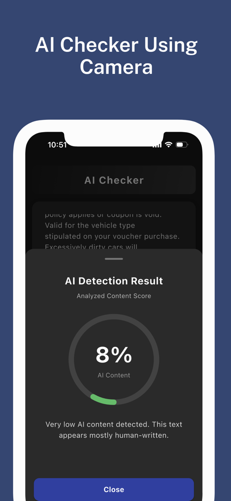 AI Detection Result screen showing a low AI content score of 8 percent