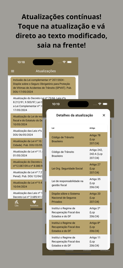 Capturas de pantalla de la app Vade Mecum Pro Direito Brasil mostrando actualizaciones legislativas y detalles de artículos específicos.