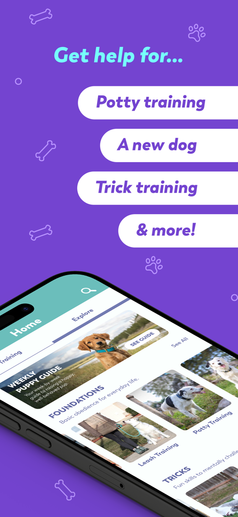 Puppr - Dog Training & Tricks - Puppr dog training app interface showing potty training and trick lessons