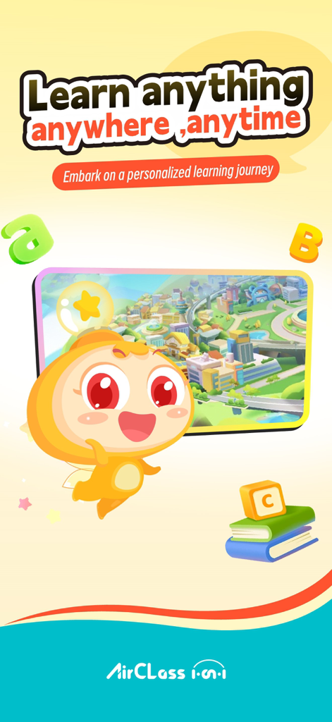 AirClass Online 1-on-1 - AirClass online learning app showing a cute cartoon character and an educational game world for children