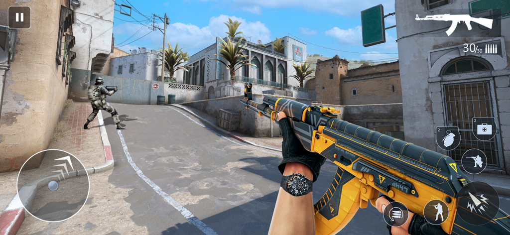 Commando Strike: Shooting Game - First person shooter view of a commando holding a yellow and black assault rifle in an urban desert environment