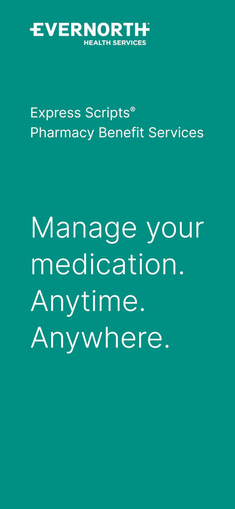 Écran de démarrage Express Scripts avec le texte Gérer vos médicaments à tout moment et en tout lieu