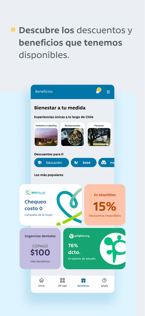 APP Caja Los Andes - Caja Los Andesモバイルアプリの特典セクションのスクリーンショット。チリでの医療、教育、旅行の割引を表示。