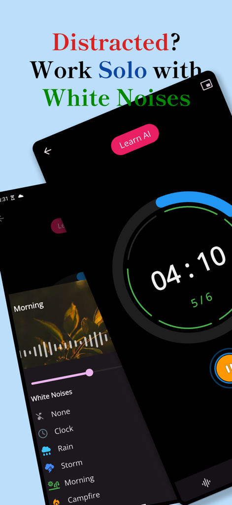 Focus Friend - Pomoroom - Pomodoro timer interface showing white noise options like rain and clock for solo focus sessions