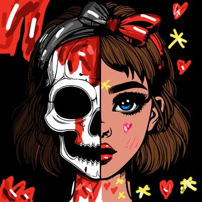 realistic girl with half skull mask