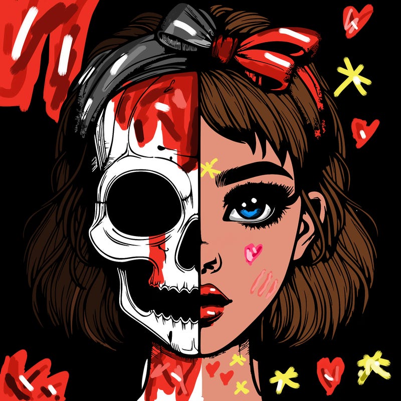 realistic girl with half skull mask