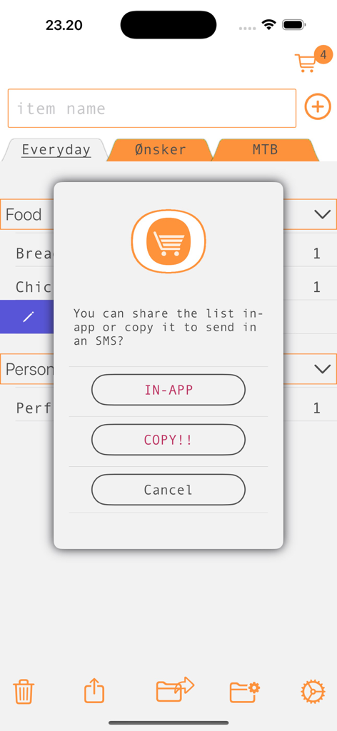 Dosmo - Dosmo app popup with options to share a shopping list in-app or copy it for SMS messaging.