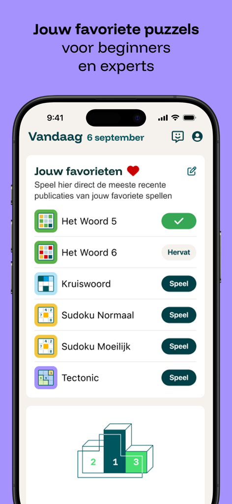 Puzzelfit België - Interfaz de la aplicación móvil Puzzelfit Belgie que muestra una lista de puzles favoritos como juegos de palabras y Sudoku para el entrenamiento cerebral diario.