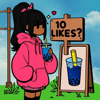 girl with oversized hoodie drinking boba and she has a high ponytail with a sign that says 10likes?