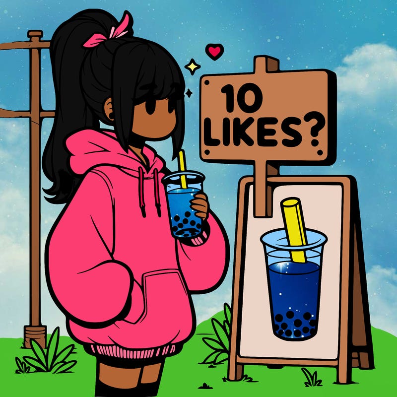 girl with oversized hoodie drinking boba and she has a high ponytail with a sign that says 10likes?