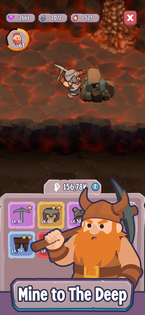 Dwarf Kingdom - Idle Survival - A dwarf character mining minerals in a lava cave with a menu showing upgraded equipment levels