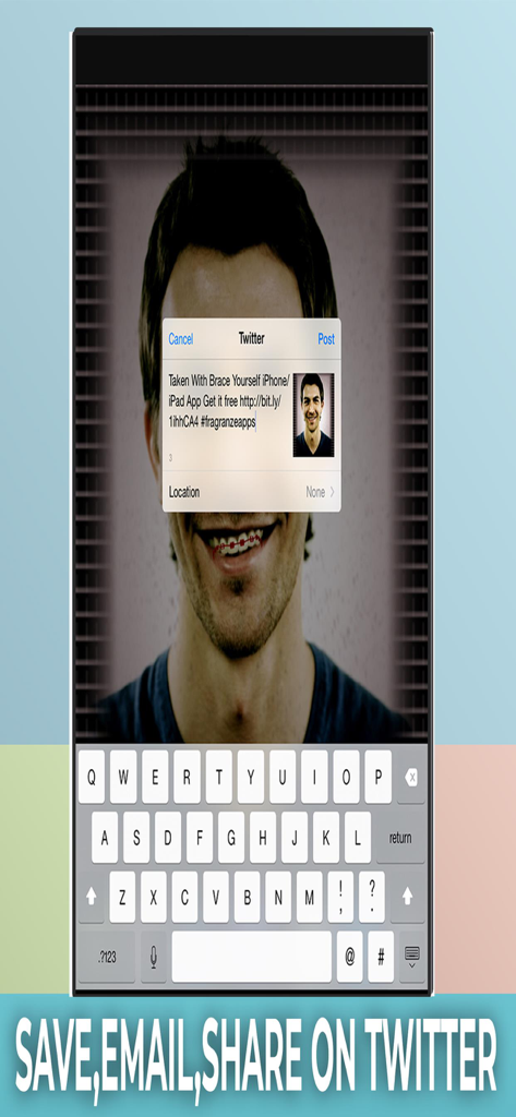 Screenshot of the Brace Yourself app showing the Twitter sharing interface over a photo of a man with red braces.