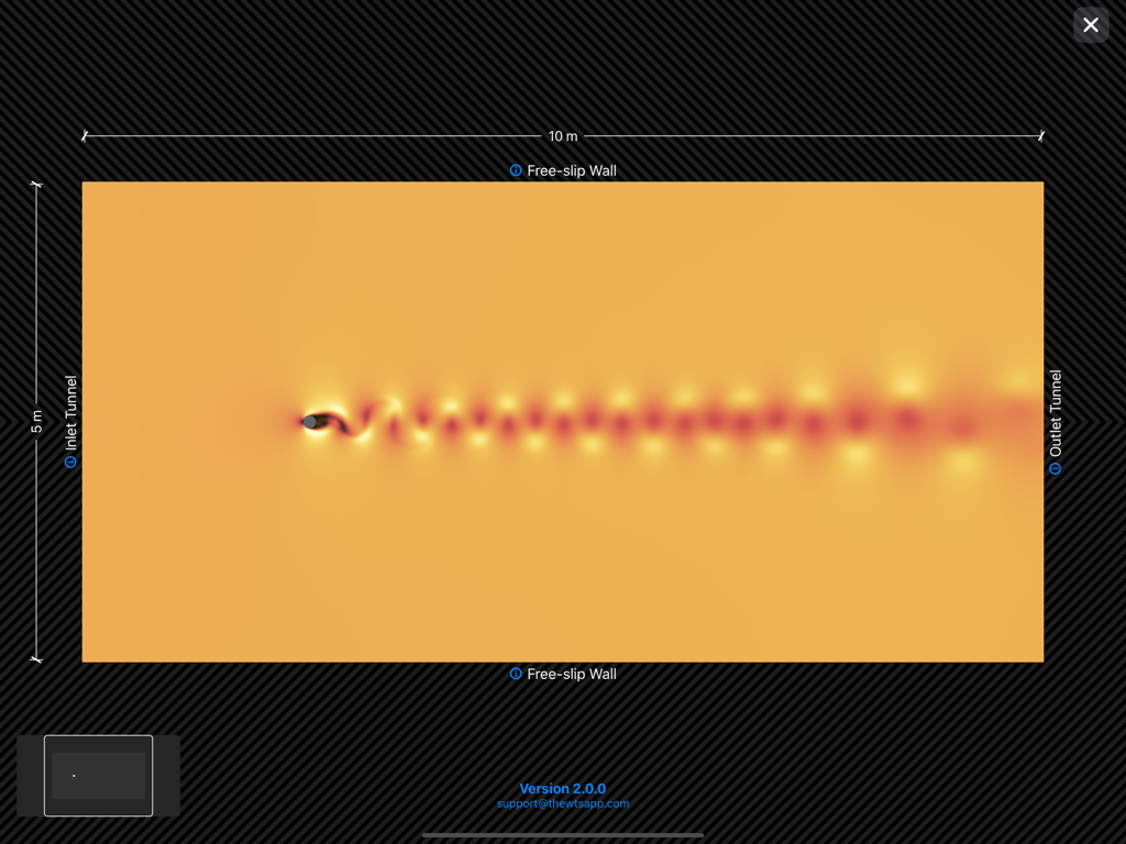 Visual simulation of airflow creating vortex patterns behind a cylindrical object in a wind tunnel.