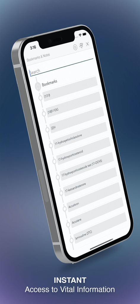 Smartphone screen displaying bookmarks and notes with medical terms in Mosbys Pocket Dictionary app