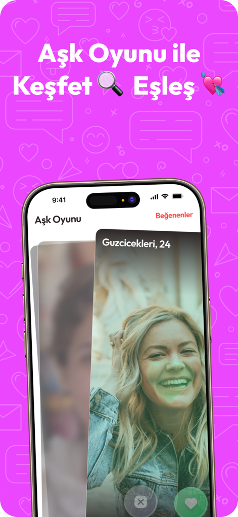 Siberalem: Arkadaşlık & Sohbet - Siberalem dating app interface showing the discovery game and a user profile card.