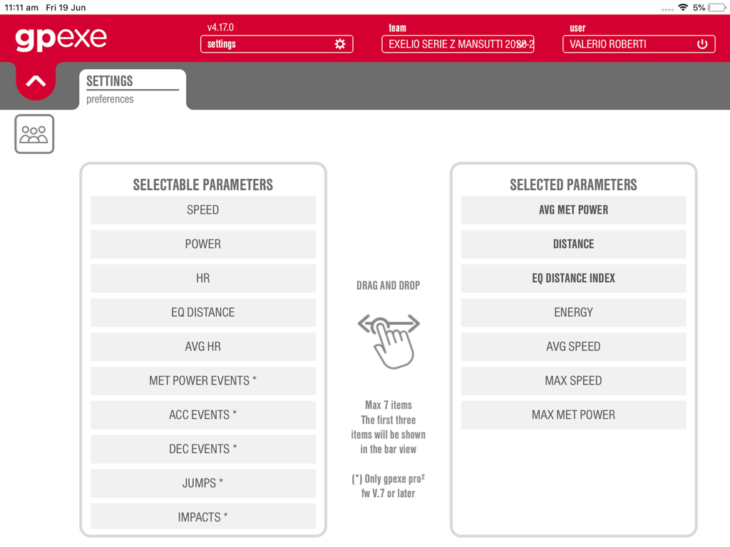 gpexe live - iPad interface for gpexe live showing a drag and drop settings menu to select performance parameters like speed power and metabolic power