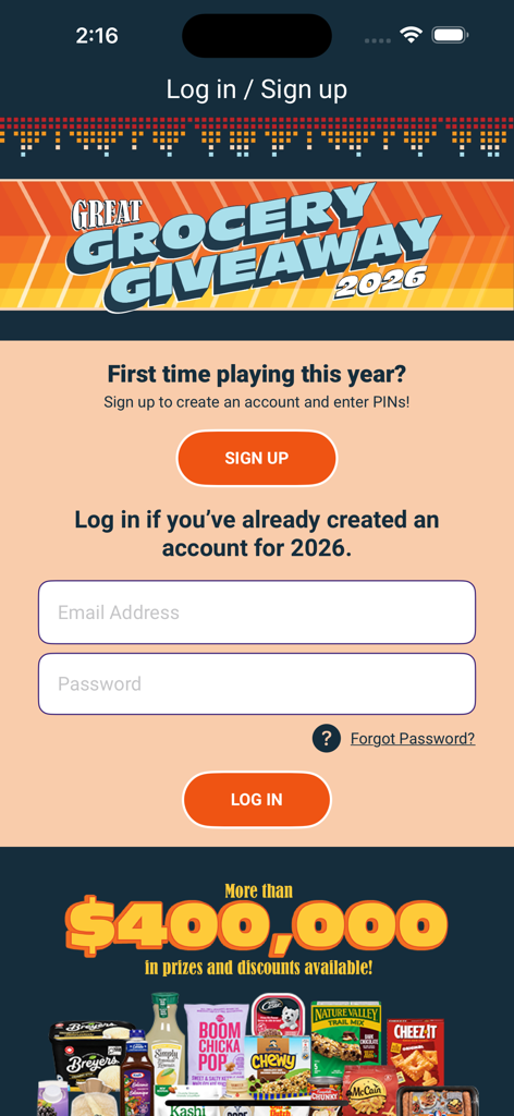 AG Foods Great Grocery Giveaway app login and sign up screen