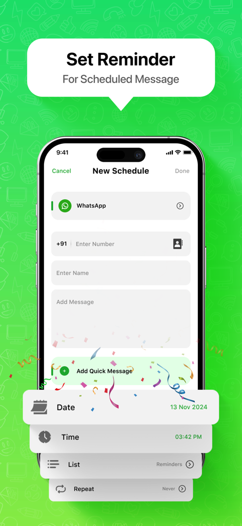 Direct Message Click to Chat - Interfaz para programar un recordatorio de mensaje de WhatsApp con ajustes de fecha y hora