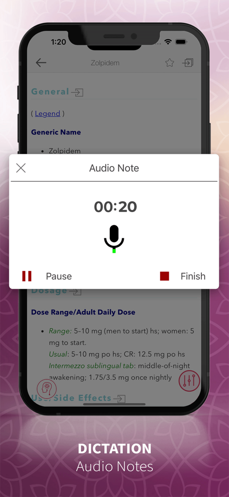 PsychNotes: Clinical Pkt Guide - Screenshot of the PsychNotes app showing an audio note recording popup with a timer and microphone icon over medical information.
