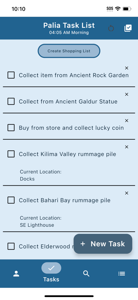 Unofficial Palia Notebook - Interfaz de la lista de tareas diarias en la aplicación Unofficial Palia Notebook que muestra las actividades del juego rastreadas