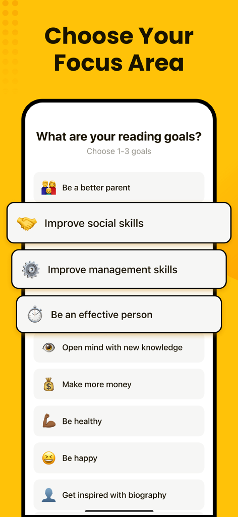 Bookey: Book Ideas for Growth - A mobile app screen for choosing personal growth goals such as improving management skills and social skills.