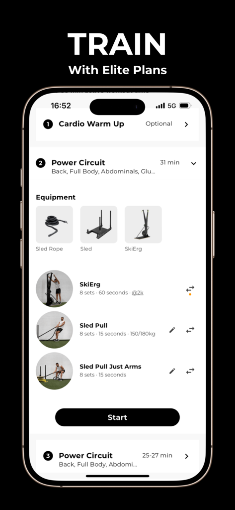 ENDUR × HYROX: Elite 15 Plans - A mobile app screen showing a Hyrox power circuit workout plan with SkiErg and sled pull exercises