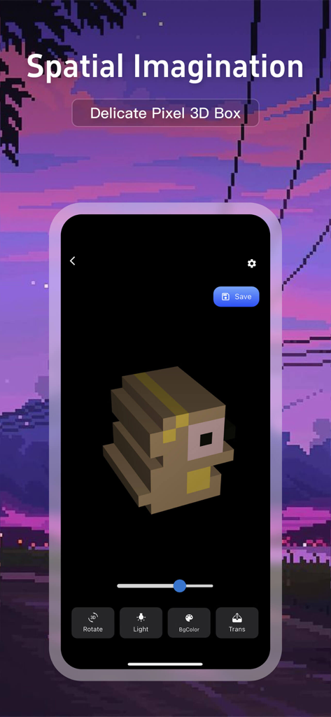 Pixel3D - Dream to 3D Reality - Oberfläche der Pixel3D-App, die einen dreidimensionalen Pixel-Art-Charakter und Kreativwerkzeuge zeigt.