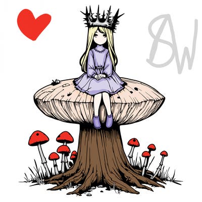 realistic girl sitting on a huge tree stump size toadstool with thorn crown