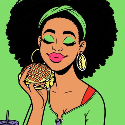 an african american woman eating a waffle burger realistic