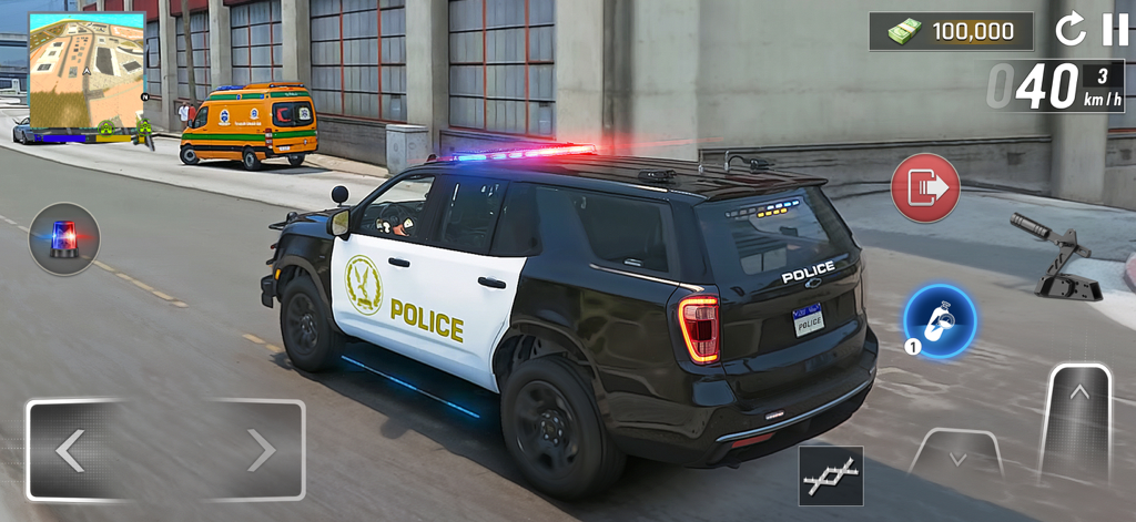 Police Car Chase City Driving - 画面上のコントロールを備えたモバイルゲームのオープンシティ環境を走る黒と白のパトカーSUV