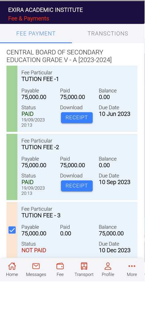 campus.uno - Mobile app screen showing tuition fee payments and status for a student including balance and due dates