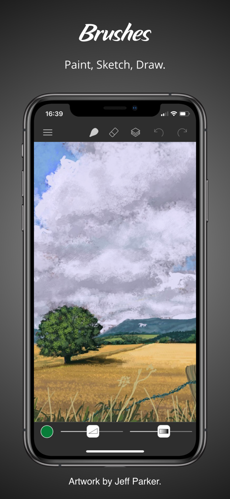 Brushes - Brushes app interface on iPhone displaying a digital landscape painting with drawing tools