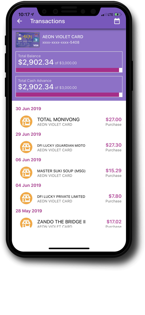 Smartphone screen showing the transaction history and credit balance on the AEON CARD MOBILE app.